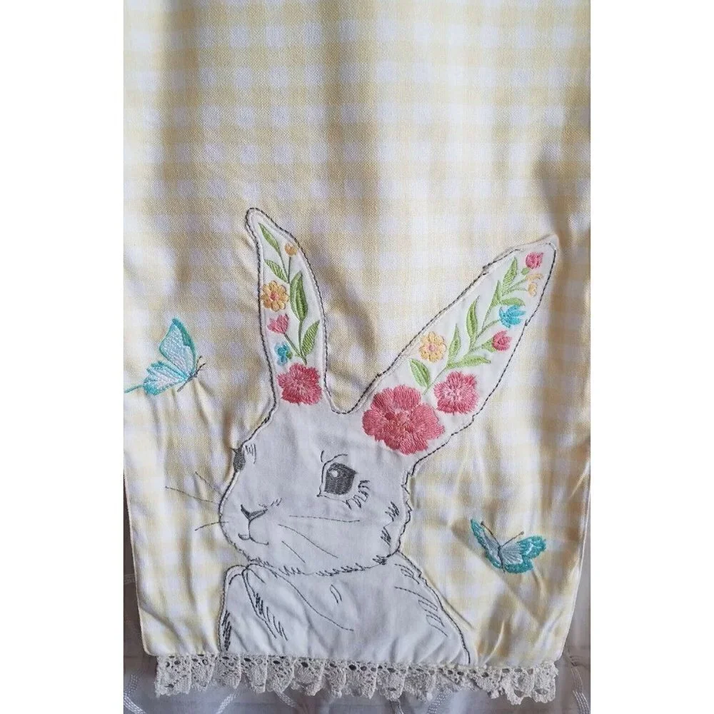 House & Garden Yellow Gingham Embroidered Bunny  Easter Table Runner 14 X 72